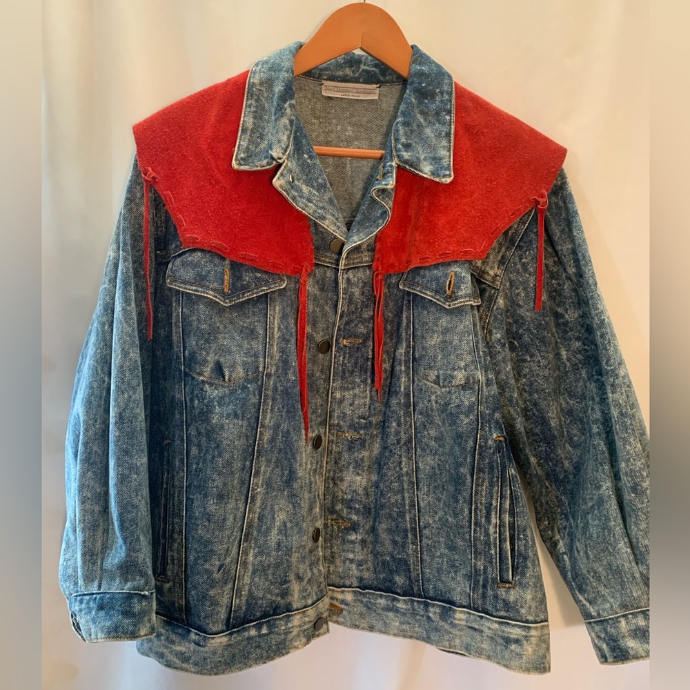 Stone Washed Denim Jacket 
Red and Black Suede Fringe
Size M